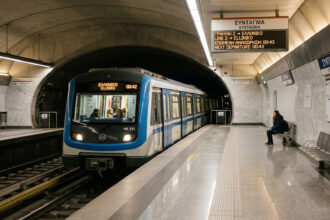Eine Athener Metro fährt abends an der Station Syntagma ein, bereit für die letzten Passagiere
