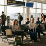 Επιβάτες περιμένουν στην πύλη επιβίβασης αεροδρομίου με μικρά σακίδια πλάτης