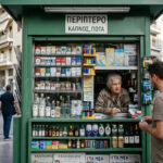 Ein Kiosk in Griechenland, der verschiedene Tabakwaren und alkoholische Getränke anbietet.