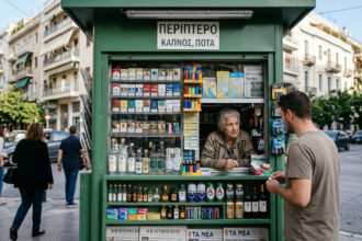 Ein Kiosk in Griechenland, der verschiedene Tabakwaren und alkoholische Getränke anbietet.