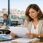 Eine Frau und ein Mann arbeiten in einem modernen Büro in Griechenland am Computer