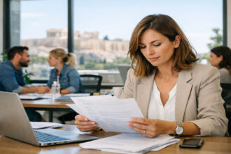 Eine Frau und ein Mann arbeiten in einem modernen Büro in Griechenland am Computer