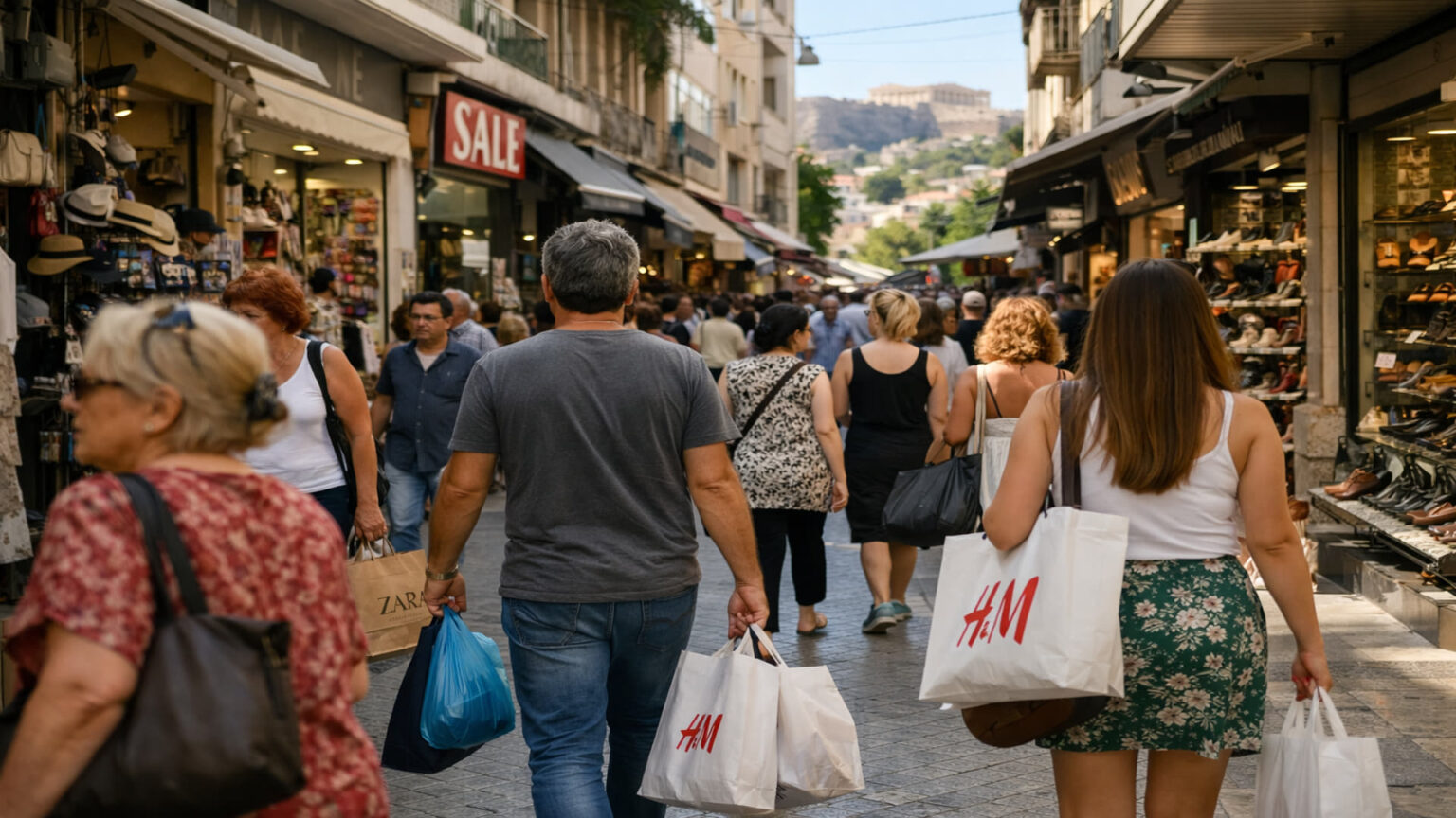 Kunden gehen an einem sonnigen Tag in einer griechischen Einkaufsstraße mit geöffneten Geschäften spazieren