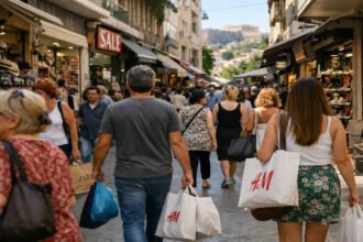 Kunden gehen an einem sonnigen Tag in einer griechischen Einkaufsstraße mit geöffneten Geschäften spazieren