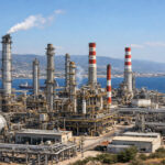 Große industrielle Anlage einer Ölraffinerie in Griechenland bei hellem Tageslicht