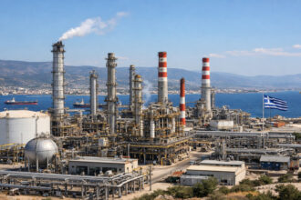 Große industrielle Anlage einer Ölraffinerie in Griechenland bei hellem Tageslicht