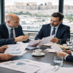 Griechische Arbeitssuchende studieren Stellenangebote an einem Informationsbrett in Athen.