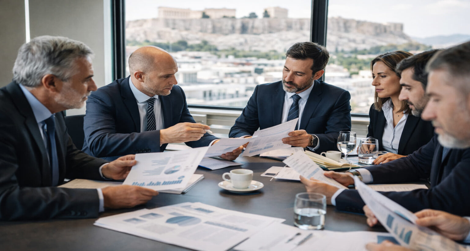 Griechische Arbeitssuchende studieren Stellenangebote an einem Informationsbrett in Athen.