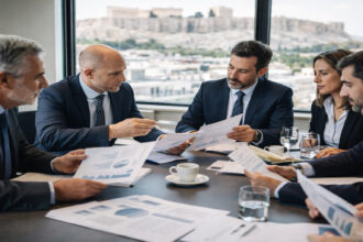 Griechische Arbeitssuchende studieren Stellenangebote an einem Informationsbrett in Athen.