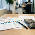 Έγγραφα με οικονομικούς δείκτες και υπολογιστής σε γραφείο αναλυτή