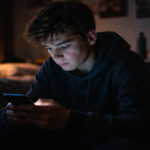 Ein Teenager sitzt nachts beleuchtet von einem Smartphone-Bildschirm in seinem Zimmer