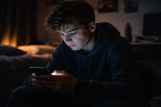 Ein Teenager sitzt nachts beleuchtet von einem Smartphone-Bildschirm in seinem Zimmer