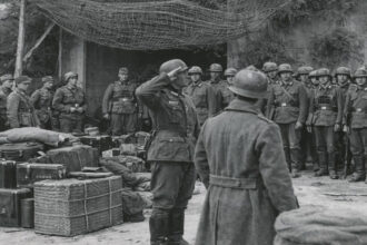 Historische Darstellung deutscher Soldaten vor antiken Ruinen in Griechenland