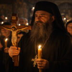 Ein orthodoxer Priester in Griechenland trägt das Kruzifix während der Abendmesse am Gründonnerstag