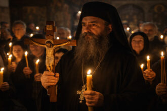 Ein orthodoxer Priester in Griechenland trägt das Kruzifix während der Abendmesse am Gründonnerstag