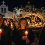 Gläubige nehmen an einer feierlichen orthodoxen Osterprozession in einer griechischen Stadt teil