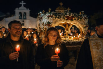 Gläubige nehmen an einer feierlichen orthodoxen Osterprozession in einer griechischen Stadt teil