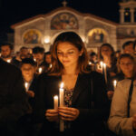 Griechische Gläubige halten brennende weiße Osterkerzen in der Nacht vor einer orthodoxen Kirche
