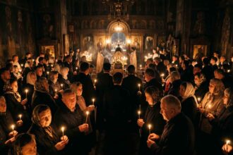 Πιστοί κρατούν αναμμένες λαμπάδες κατά τη διάρκεια της αναστάσιμης νυχτερινής λειτουργίας