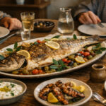 Ein traditionelles griechisches Gericht mit gebratenem Fisch, das typischerweise am Palmsonntag serviert wird