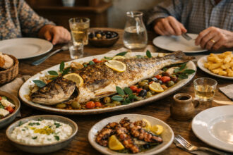 Ein traditionelles griechisches Gericht mit gebratenem Fisch, das typischerweise am Palmsonntag serviert wird