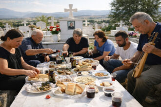Eine griechische Familie sitzt am Ostermontag auf einem Friedhof in Kozani um ein Grab und teilt ein Festmahl.