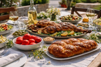 Ein gedeckter Tisch in Griechenland mit traditionellen Osterspeisen wie Lamm, Tsoureki und roten Eiern.