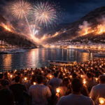 Ein massives Feuerwerk über dem Hafen von Pothia auf Kalymnos während der orthodoxen Osternacht.
