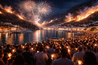 Ein massives Feuerwerk über dem Hafen von Pothia auf Kalymnos während der orthodoxen Osternacht.