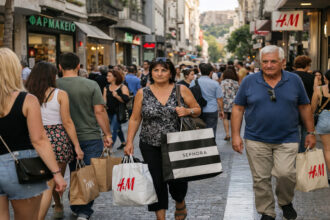 Menschen gehen in einer Einkaufsstraße in Athen mit Einkaufstüten spazieren, Tageslicht.
