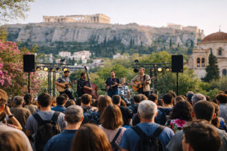 Musiker spielen vor historischer Kulisse in Athen anlässlich der Osterfeierlichkeiten.