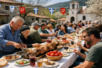 Traditionelle Feierlichkeiten in einem griechischen Dorf an Ostern, Menschen sitzen im Freien an Tischen.