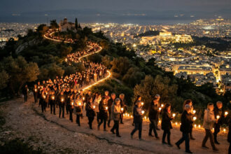 Eine friedliche Kerzenprozession in der Nacht mit Blick auf das beleuchtete Athen