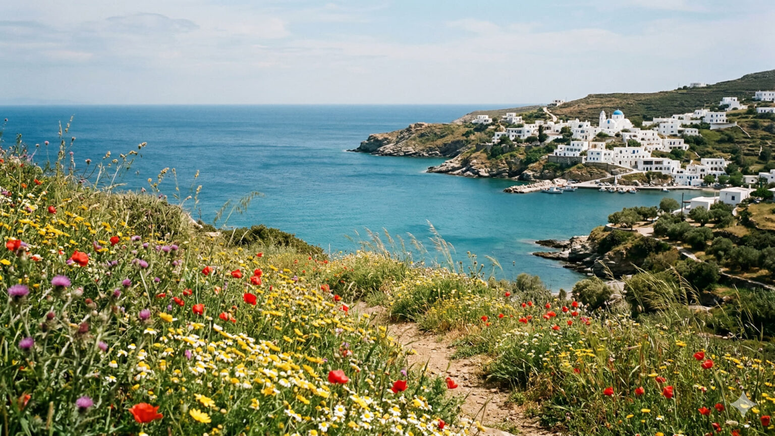 Blick auf ein ruhiges Küstendorf in Griechenland im Frühling mit blühenden Blumen im Vordergrund und dem Meer im Hintergrund.