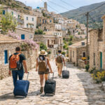 Ein traditionelles griechisches Bergdorf mit Steinhäusern während der Frühlingszeit, Touristen spazieren durch die Gassen.