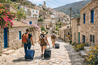Ein traditionelles griechisches Bergdorf mit Steinhäusern während der Frühlingszeit, Touristen spazieren durch die Gassen.