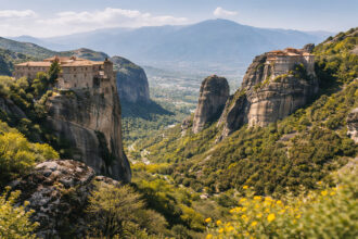 Eine Ansicht der imposanten Meteora-Klöster in Griechenland, die während der Osterzeit viele Besucher anziehen.