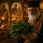 Ein orthodoxer Priester in Griechenland hält gesegnete Lorbeerzweige am Palmsonntag in der Kirche