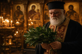 Ein orthodoxer Priester in Griechenland hält gesegnete Lorbeerzweige am Palmsonntag in der Kirche