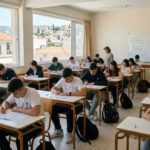 Griechische Schüler schreiben konzentriert an ihren Abschlussprüfungen in einem Klassenzimmer.
