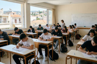 Griechische Schüler schreiben konzentriert an ihren Abschlussprüfungen in einem Klassenzimmer.