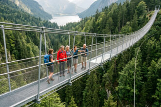 Πεζοπόροι περπατούν σε μια σύγχρονη μεταλλική γέφυρα πάνω από ένα βαθύ φαράγγι με πυκνή βλάστηση