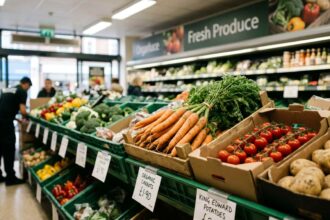 Φρέσκα λαχανικά τοποθετημένα σε πάγκο σούπερ μάρκετ