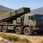 Ein mobiles israelisches PULS-Artillerie-Raketensystem auf einem Militärfahrzeug in einer gebirgigen Landschaft.