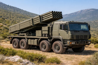 Ein mobiles israelisches PULS-Artillerie-Raketensystem auf einem Militärfahrzeug in einer gebirgigen Landschaft.