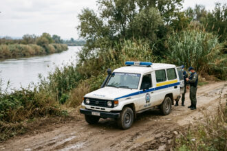 Ein griechisches Polizeifahrzeug steht am Rande eines Feldweges in der Nähe des Evros-Flusses bei bewölktem Himmel.