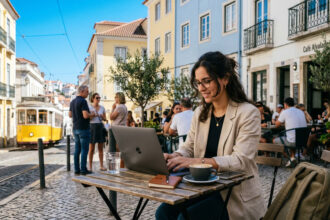 Ein junger Berufstätiger arbeitet konzentriert an seinem Laptop auf einer sonnigen Terrasse in Griechenland.