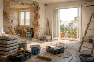 Eine alte Wohnung in Griechenland wird renoviert, im Hintergrund Handwerker bei der Arbeit