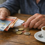 Eine ältere Person in Griechenland zählt Euro-Münzen und Banknoten über wirtschaftlichen Dokumenten.