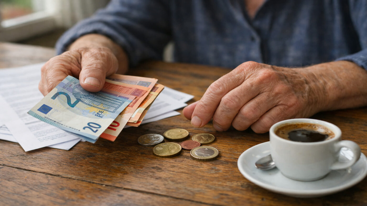 Eine ältere Person in Griechenland zählt Euro-Münzen und Banknoten über wirtschaftlichen Dokumenten.